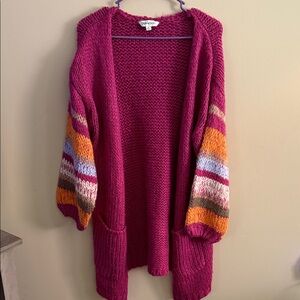 DAVI & DANI Wine Cardigan with Striped Sleeves